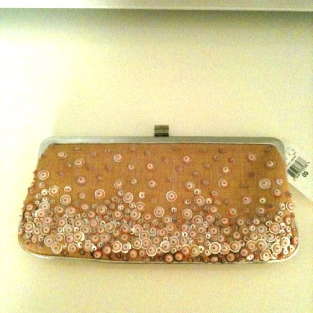 LAMBERSTON TRUEX-TAN FABRIC CLUTCH WITH PINK SEQUI